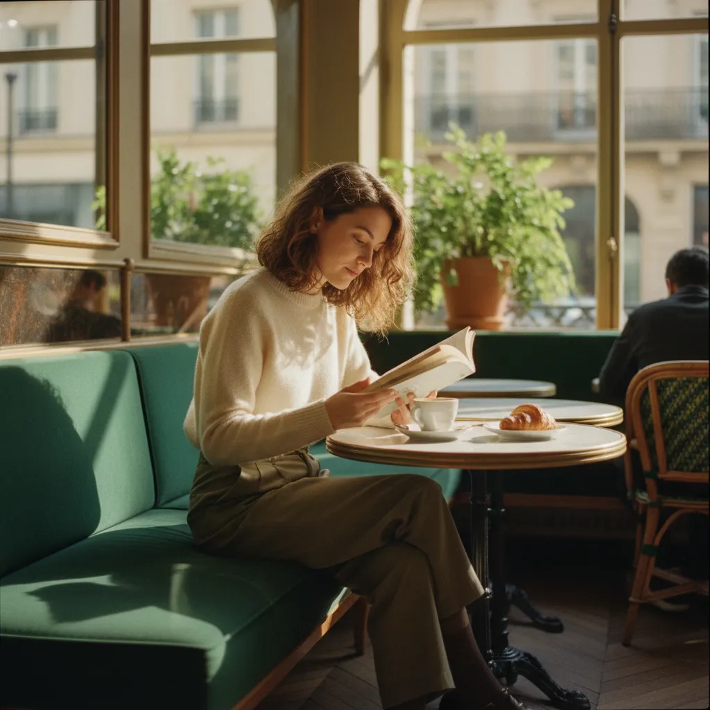 Learner reading in a café
